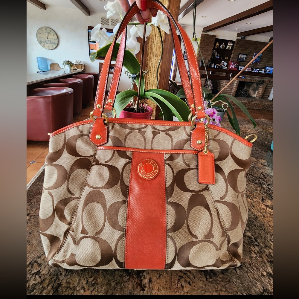 Authentic Coach Orange Brown Jacquard Sign C Handbag Purse K1275-F19203 Vintage